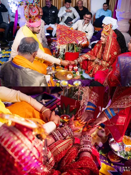 A collage of the sacred wedding rituals at the mandap, capturing the couple and their families participating in the ceremony.