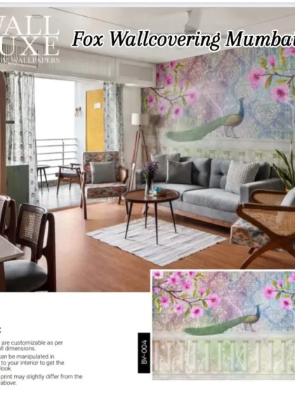 This 'Wall Luxe' wallpaper features a beautiful peacock against a soft, cherry blossom background, creating an elegant and artistic mural.