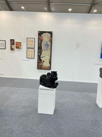 Another view of the booth, highlighting the placement of sculptures by Venkat Bothsa, Arunkumar H G, and Gopinath S.