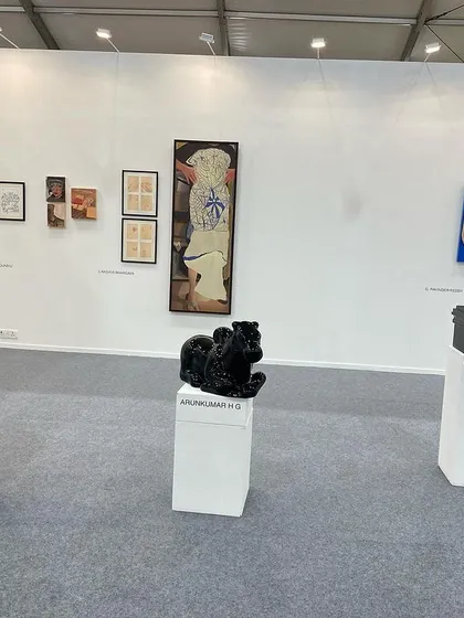 A view of the sculptures on pedestals at our Art Mumbai booth.