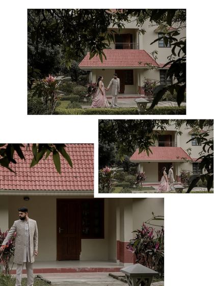 This collage shows both the couple together and individual portraits of the groom. It highlights the beautiful architecture of the venue and the sharp details of his traditional attire.