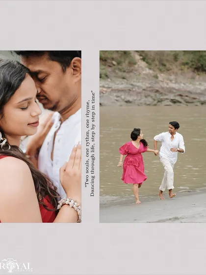 A collage showing a couple's playful run along the beach and an intimate close-up, telling a story of joy and connection.