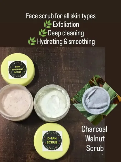 My collection of face scrubs is suitable for all skin types. I offer a Skin Whitening Scrub, a D-Tan Scrub, and a Charcoal Walnut Scrub for exfoliation and deep cleaning.