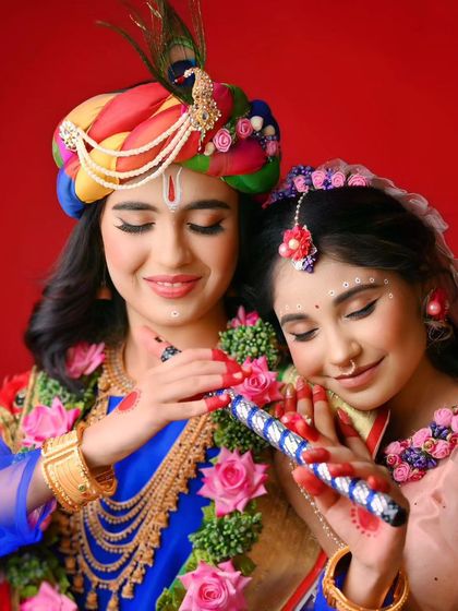 The eternal love of Radha and Krishna, captured in a moment of divine connection. This conceptual shoot for Janmashtami celebrates their sacred bond through music and devotion.