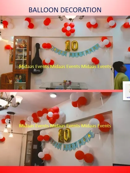 A simple home birthday setup for a 10th birthday. Red and white balloons on the ceiling and a 'Happy Birthday' banner create a classic party look.