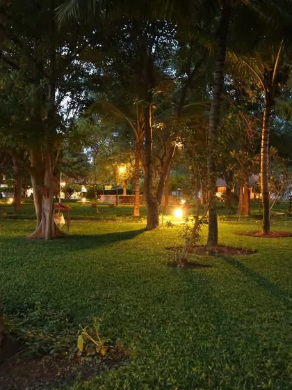 The campus grounds at night, with lights casting a soft glow on the trees and pathways. The evenings at Ayurvedagram are quiet and magical, perfect for unwinding and reflecting on your day.