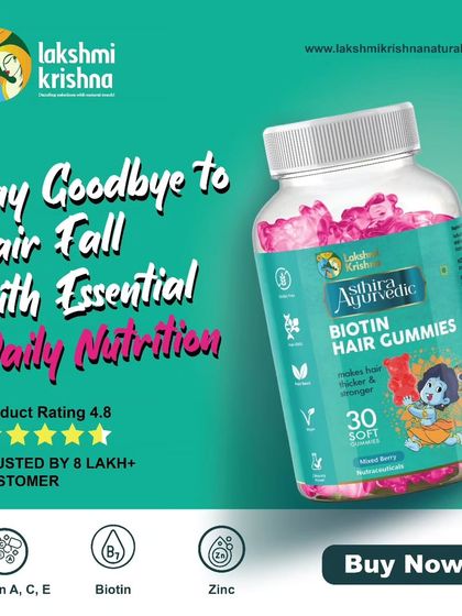 Say goodbye to hair fall with essential daily nutrition. This graphic showcases our Biotin Hair Gummies, which are packed with Vitamins A, C, E, Biotin, and Zinc. Trusted by over 8 lakh customers, they are a simple way to make your hair thicker and stronger from within.