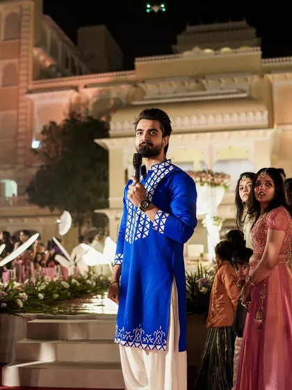 A full shot in my royal blue kurta, ready to command the stage.