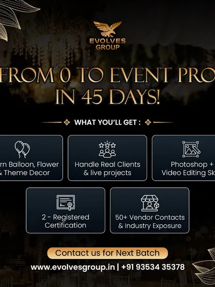 This is my promise to you. In 45 days, we take you from zero knowledge to a certified event professional, ready to handle real projects. You will learn decor, client management, Photoshop, and get my personal list of over 50 trusted vendors.