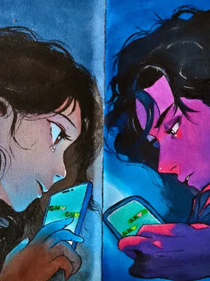 The final painting in full color, showing the emotional contrast between the cool blue tones on her side and the warm purple tones on his. This custom commission tells a complete story of modern love and longing.