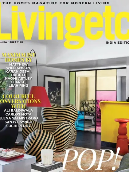 The cover of the September 2023 issue of Livingetc India, which featured our work and philosophy on creating modern, colorful, and maximalist homes.