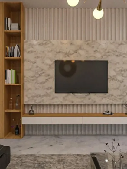 A close-up of the TV unit from the 3D concept, detailing the mix of wood, marble, and fluted panel textures.