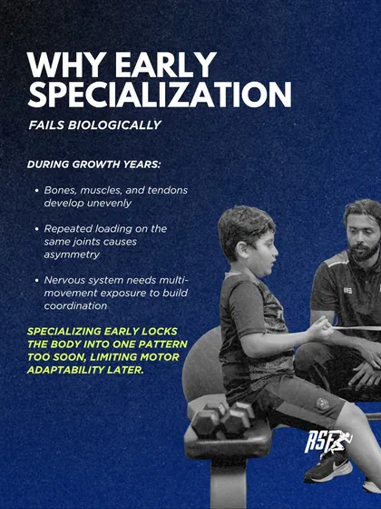 Early specialization fails biologically. During growth years, bones and muscles develop unevenly. Specializing too early locks the body into one pattern, limiting motor adaptability later on.