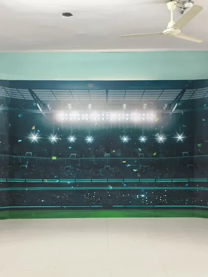 This curved, freestanding wall was transformed into a stadium backdrop, perfect for an event or a themed commercial space. I can install murals on any custom-built structure.