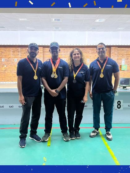 The team celebrating their 15-medal haul at the 12th Karnataka State Shooting Championship.