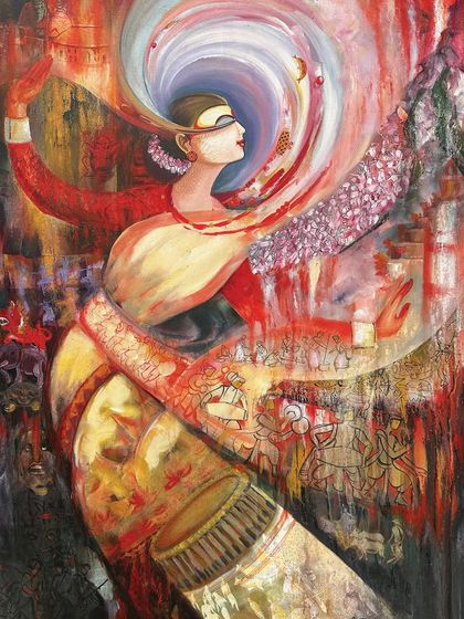 A dynamic acrylic on canvas painting celebrating the joy and energy of the Rongali Bihu festival.