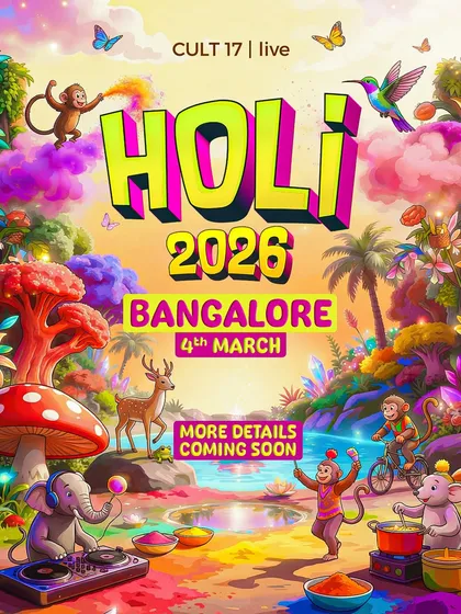 A teaser poster for our annual Holi ritual in Bangalore. We build anticipation for our flagship events with early announcements to engage our loyal following.