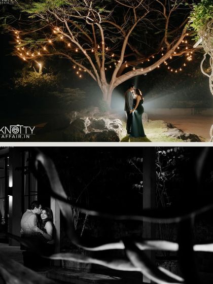 A collage of dramatic, night-time portraits. The top image uses backlighting and fairy lights for a magical effect, while the bottom black and white shot creates a moody and intimate feel.