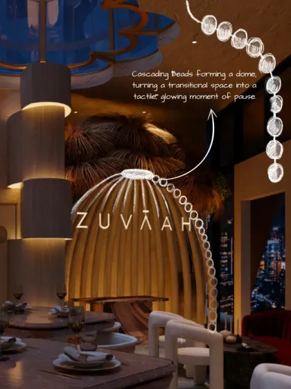 Cascading beads form a dome in this transitional space at Zuvaah, turning a simple passageway into a tactile, glowing moment of pause. This detail shows our focus on creating sensory experiences.