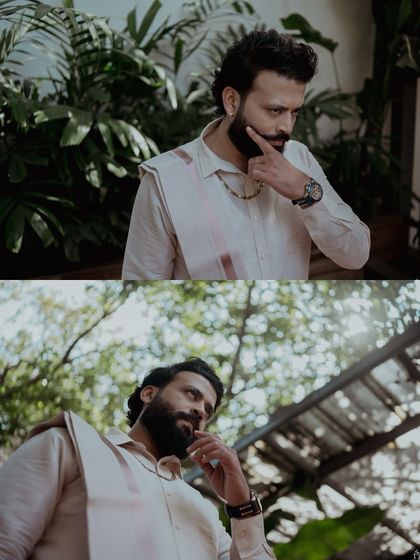 A collage of a groom's portraits, showcasing his thoughtful and stylish poses on his betrothal day.