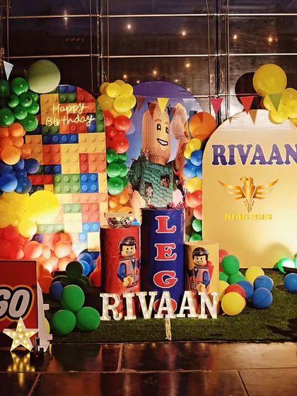 A full view of our popular LEGO-themed birthday party decor. This vibrant and playful setup includes a custom LEGO block backdrop, character cutouts, and colorful balloon arrangements, making it a hit with kids and adults alike.