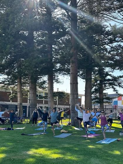 A large community yoga class I led in a park in Geraldton, Australia. It was wonderful to see so many people come together to practice tree pose.