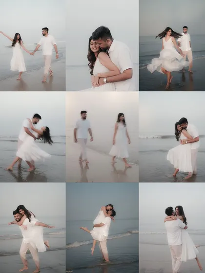A collage of pure, uninhibited joy during a beach pre-wedding shoot. It shows the variety we can capture in one session, from playful piggyback rides and romantic dips to candid strolls along the water's edge, all telling a story of fun and togetherness.
