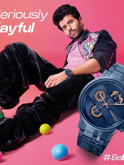 A vibrant, playful campaign for Fastrack with Vijay Deverakonda. I styled him in a colorful Dhruv Kapoor jacket and parachute pants to match the "Seriously Playful" and "#BeBoth" themes of the watch brand.