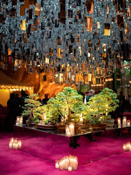 We love incorporating personal elements into our design. Here, the groom's grandmother's cherished bonsai collection sits on a mirrored table beneath a ceiling of hanging crystals, blending family heritage with opulent decor.