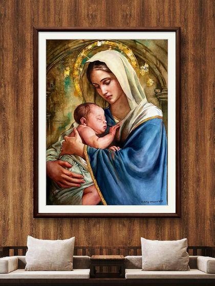 The Mother Mary and Jesus painting shown in a digital frame, perfect for visualizing how this spiritual artwork would look in a home.