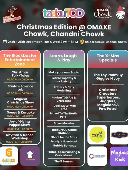 A detailed schedule of the taaburTOD Christmas Edition at Omaxe Chowk. I provide a clear breakdown of the Entertainment Zone, Learn & Play activities, and X-Mas Specials so you can plan your festive fun.