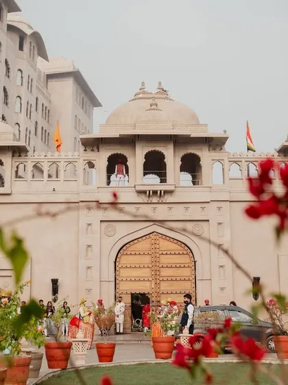 A view of the grand entrance of the Fairmont Jaipur, where we welcomed guests for a royal wedding celebration.