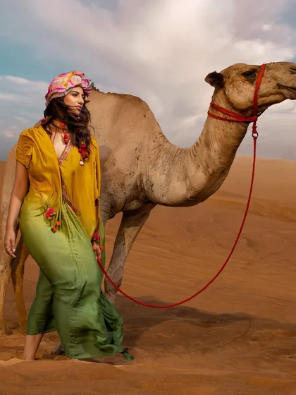 A truly memorable shot from our desert story, featuring a camel. Incorporating elements like this is part of my creative direction to build a complete and authentic visual world.