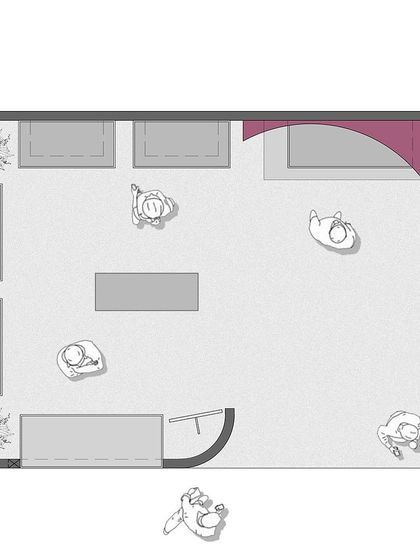 A circulation plan for the Villandi '22 stall, illustrating the intended movement of people through the space. The curved entry walls and open layout encourage a natural and fluid path.