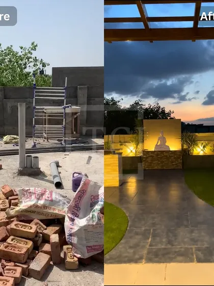 The power of a great design is in the contrast. I turned this barren, under-construction rooftop into a tranquil oasis with elegant stone flooring, soft lighting, and a serene Buddha statue as the centerpiece.