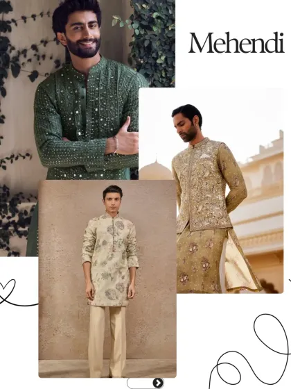 Mehendi outfits should be vibrant and easy to move in. This collection showcases a mirror-work kurta in deep green, a printed kurta with a contrasting floral bundi jacket, and a simple yet elegant block-printed look.