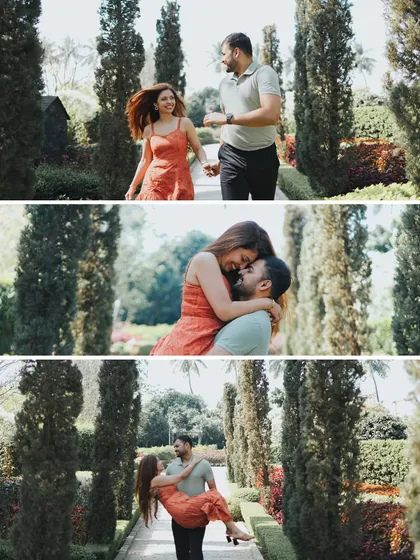 A dynamic collage showing a sequence of moments in a beautiful garden. From a playful chase to a romantic lift, it tells a story of joy and affection in a natural setting.