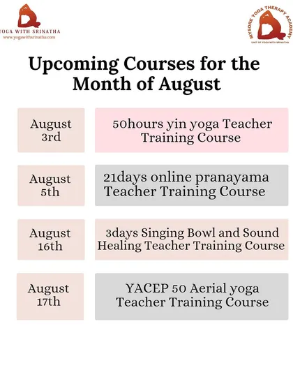 The schedule of upcoming specialized courses for August, including Yin, Pranayama, Sound Healing, and Aerial Yoga.