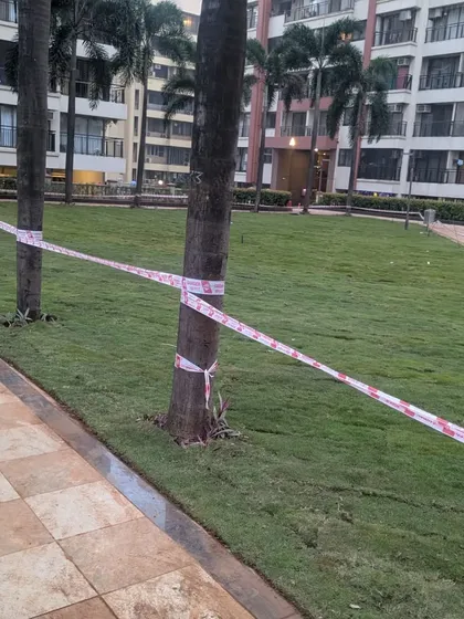 The newly installed lawn is cordoned off to allow the grass to settle and take root without disturbance. A simple but important final step.