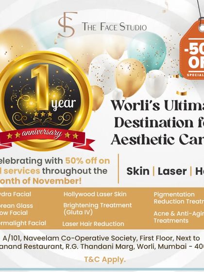 To celebrate our first anniversary, we are offering 50% off on all services for the entire month of November. This is a perfect opportunity to try our Hydra Facial, Korean Glass Glow Facial, or any of our advanced skin, laser, and hair treatments.