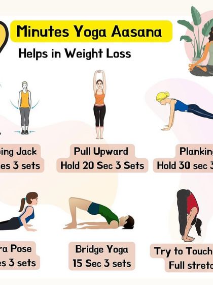 A 9-minute yoga asana routine that helps in weight loss, combining dynamic Jumping Jacks with static holds like Plank and Cobra.
