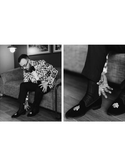 A diptych showing the groom's getting-ready process. These black and white shots focus on the details, from putting on his shoes to the final look, telling a small story of preparation.