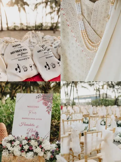 A collage of thoughtful wedding details, from the "Drunken Stories" recovery kits for guests to the elegant ceremony decor.
