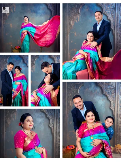 Celebrating motherhood with the elegance of a traditional saree. This collage shows the variety of poses we can achieve in a studio setting, creating vibrant and culturally rich maternity portraits.