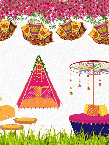 An illustration showcasing the key elements of the Rajasthani Mela theme, including painted umbrellas, teepee tents, and colorful seating.
