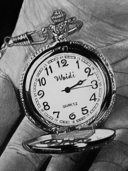 A macro shot of the pocket watch. I used a fine-tipped eraser and white pencil to create the bright highlights.