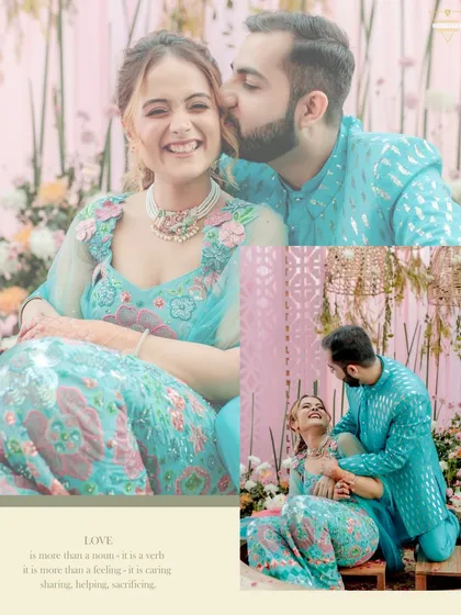 A collage of a couple's playful and romantic moments during their light blue themed Mehendi or Haldi function.