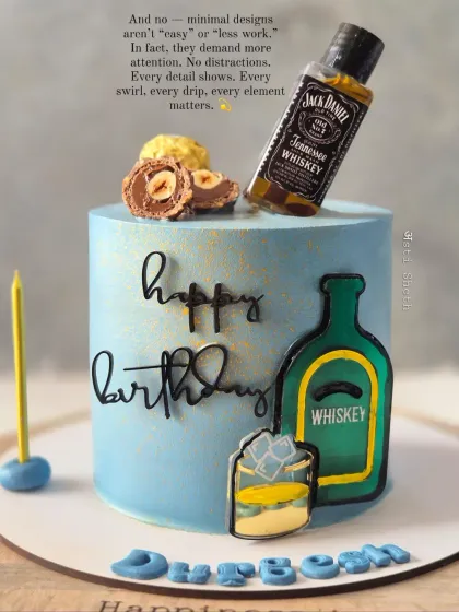 A fun, modern cake for a whiskey lover, featuring a miniature Jack Daniel's bottle and illustrated glass. Minimal designs require great attention to detail.