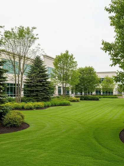 A corporate landscape featuring a mix of evergreen trees and shrubs, with a curving lawn that guides the eye through the space. The design is both aesthetically pleasing and easy to maintain.