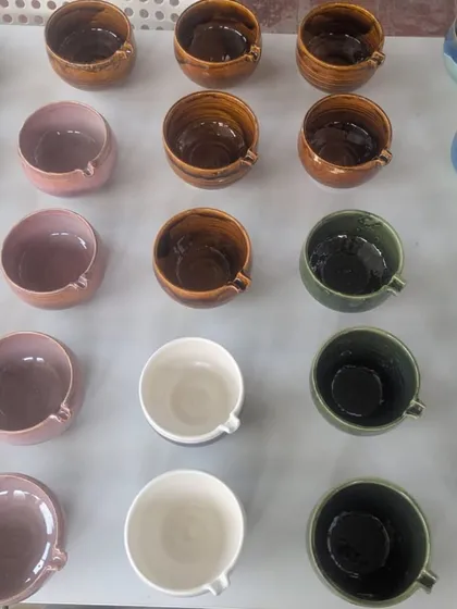 A whole tray of matcha bowls in different glazes. It's so satisfying to see all the colors together before they go to their new homes.